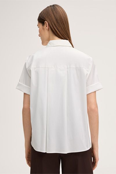 Baumwollstretch Kurzarm Bluse in Ecru mit Aufgeschlagenen Ärmeln