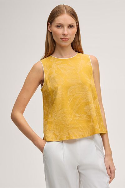 Ärmelloses Blusen-Top mit Blumenmuster in Gelb Viskose-Leinen-Mischung