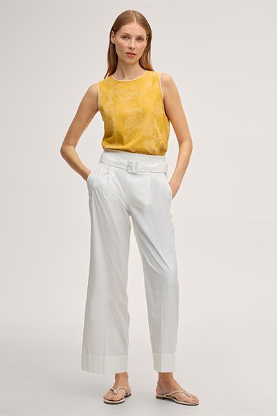 Ärmelloses Blusen-Top mit Blumenmuster in Gelb Viskose-Leinen-Mischung