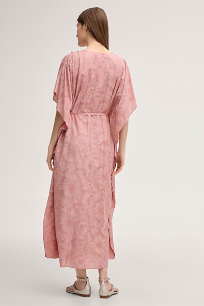 Kaftankleid aus Viskose-Seidenmischung mit Blumendruck und Gürtel in Rosa