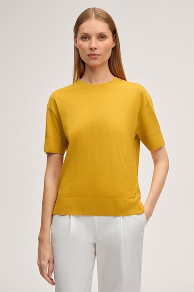 Marc Cain Senfgelbes Lyocell-Baumwoll-Mischungs-T-Shirt Rundhalsausschnitt