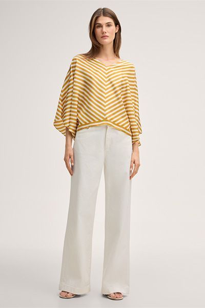 Bluse im Poncho-Stil Ecru-Gelb gestreiftes Fledermausärmel V-Ausschnitt Shirt