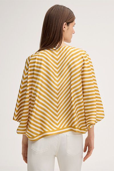 Bluse im Poncho-Stil Ecru-Gelb gestreiftes Fledermausärmel V-Ausschnitt Shirt