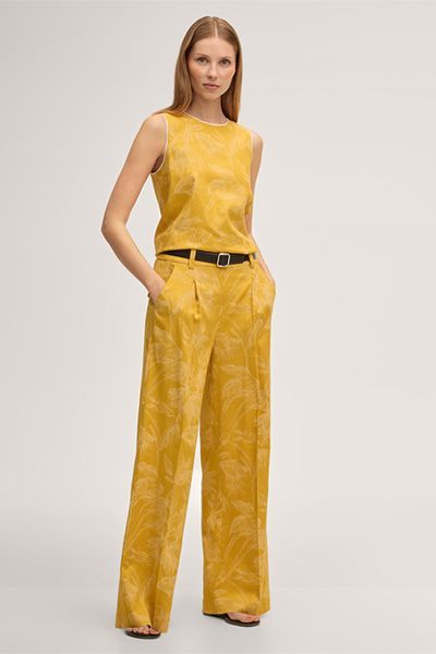 Palazzo-Hose aus Viskose-Leinenmischung in Gelb mit Blumendruck