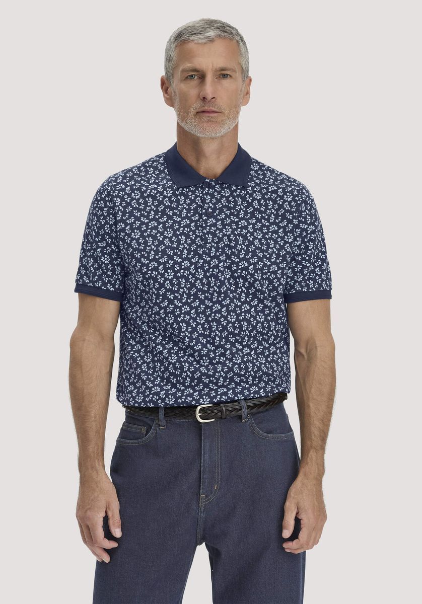 hessnatur Herren Print Piqué Polo Relaxed aus Bio-Baumwolle - blau - Größe 46