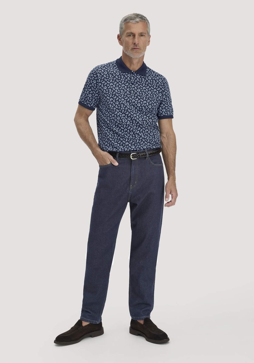 hessnatur Herren Print Piqué Polo Relaxed aus Bio-Baumwolle - blau - Größe 46