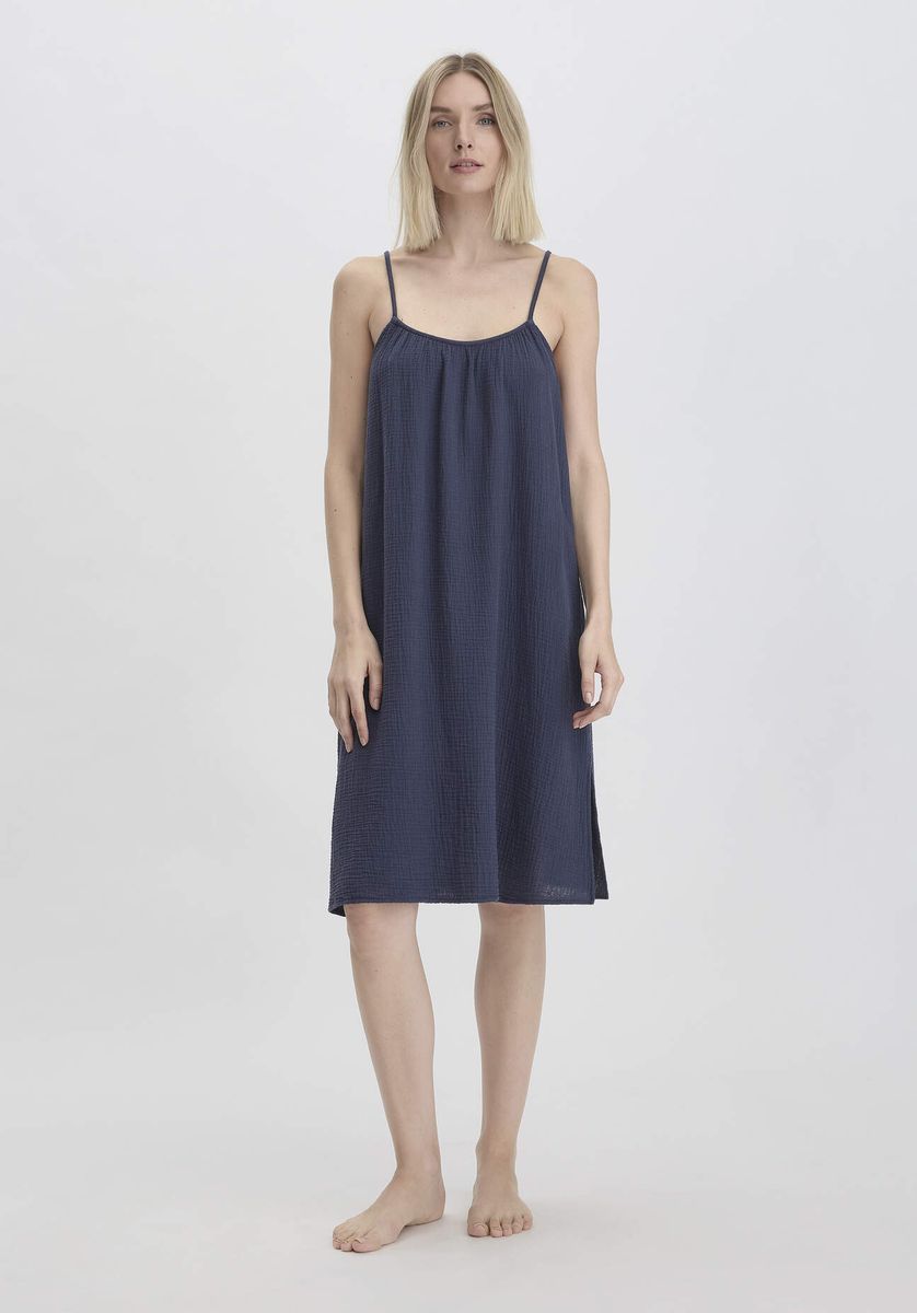 hessnatur Damen Musselin Nachthemd PURE COMFORT aus Bio-Baumwolle - blau - Größe 34