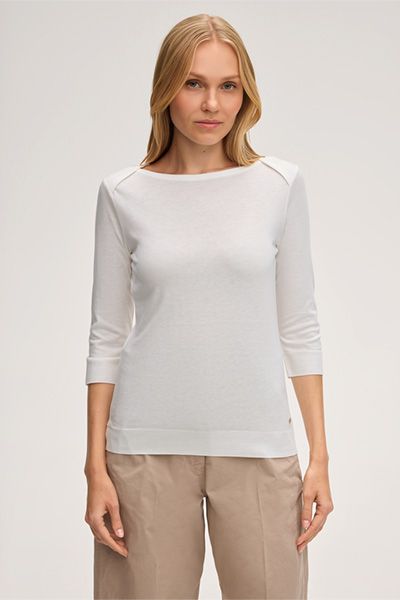 Marc Cain Lyocell-Baumwoll-Shirt Ecru 3/4 Ärmel U-Boot-Ausschnitt