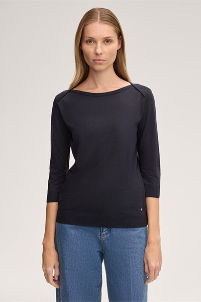 Marc Cain Lyocell-Baumwoll Marineblaues Oberteil U-Boot-Ausschnitt 3/4 Ärmel