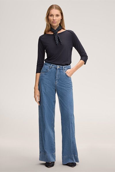 Marc Cain Lyocell-Baumwoll Marineblaues Oberteil U-Boot-Ausschnitt 3/4 Ärmel