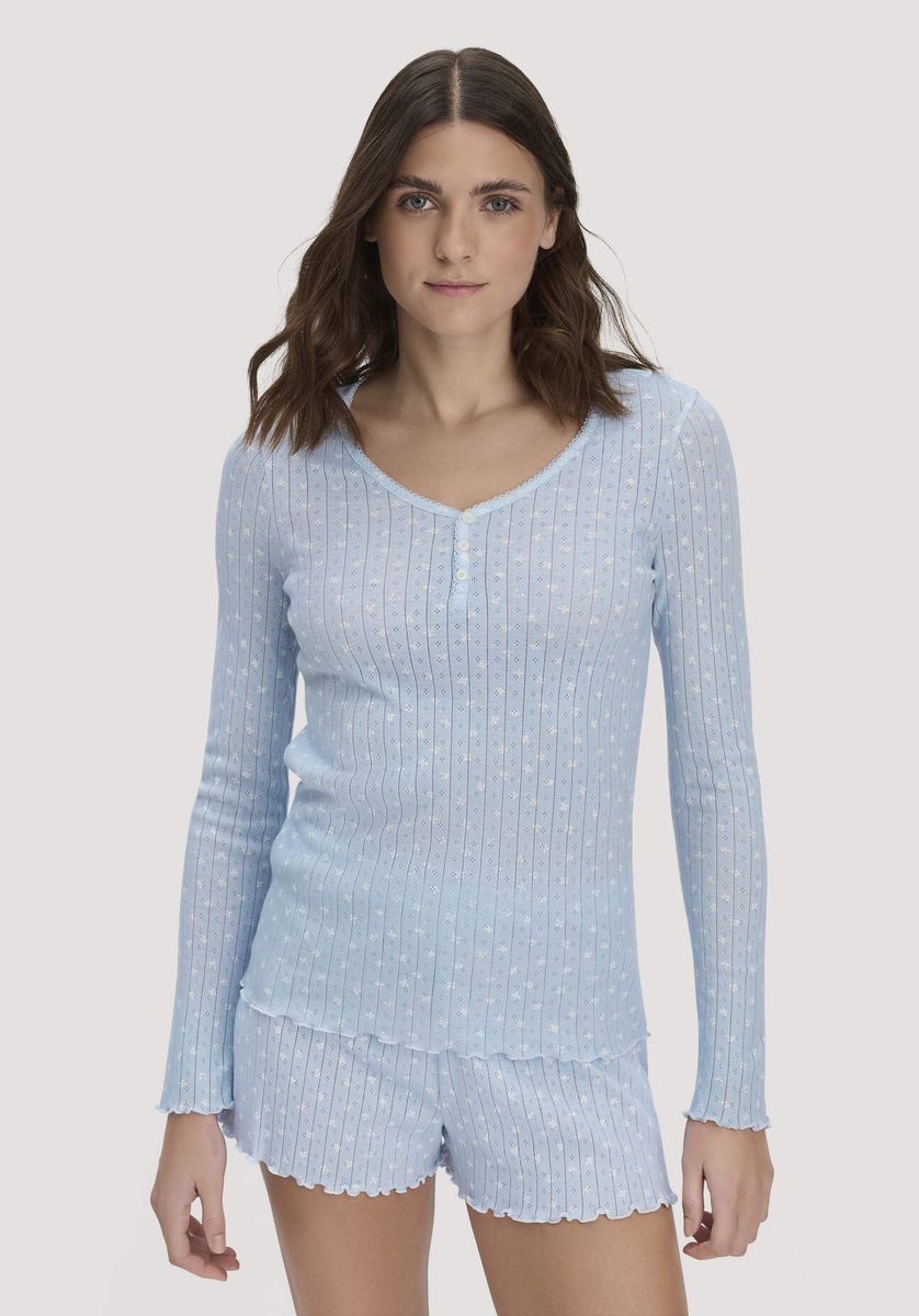 hessnatur Damen Pointelle Henley Schlafshirt PURE COTTON aus Bio-Baumwolle - blau - Größe 34