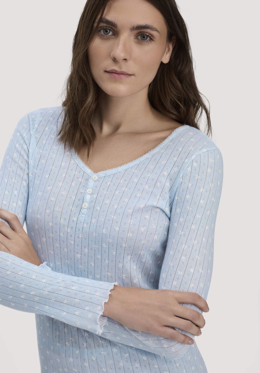 hessnatur Damen Pointelle Henley Schlafshirt PURE COTTON aus Bio-Baumwolle - blau - Größe 34