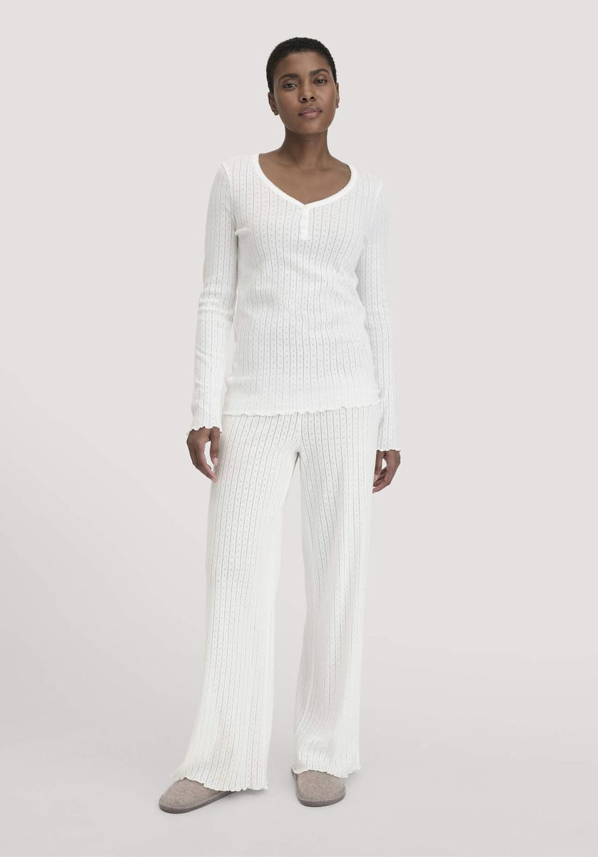 hessnatur Damen Pointelle Schlafhose Relaxed PURE COTTON aus Bio-Baumwolle - weiß - Größe 34