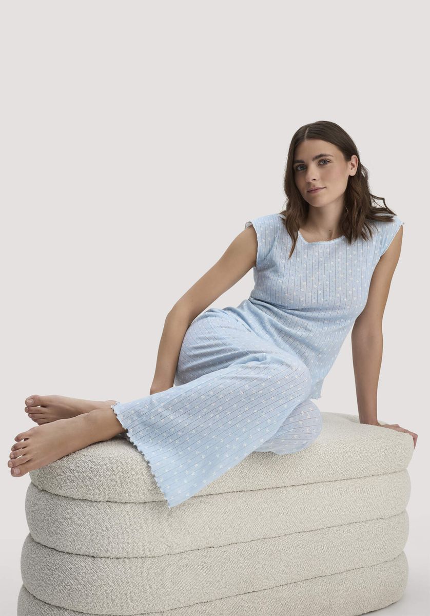 hessnatur Damen Pointelle Schlafhose Relaxed PURE COTTON aus Bio-Baumwolle - blau - Größe 34