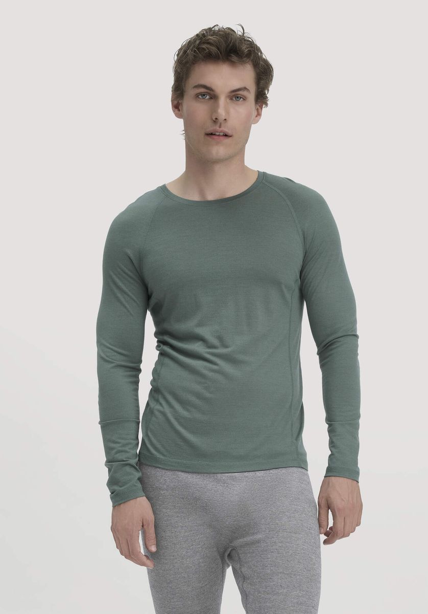 hessnatur Herren Wool-Silk Longsleeve aus Bio-Merinowolle mit Seide - grün - Größe 48