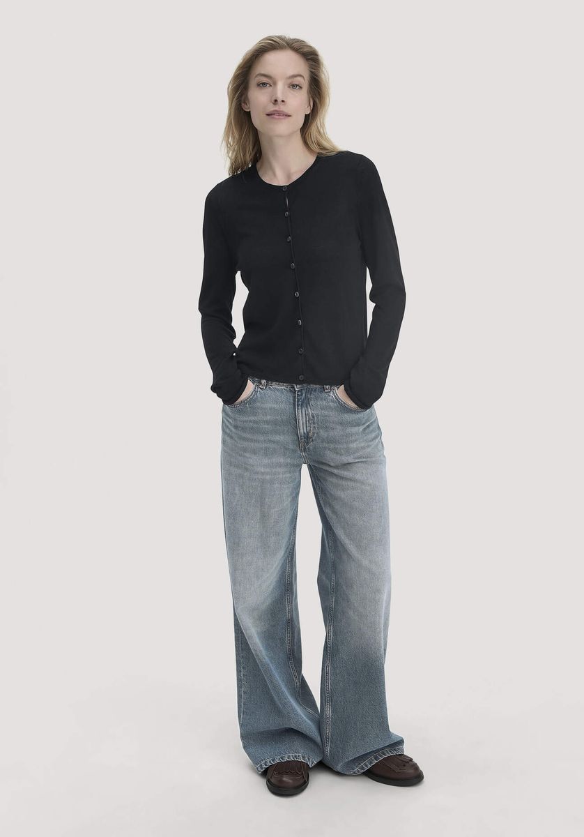 hessnatur Damen Strick Jacke Regular aus Bio-Merinowolle - schwarz - Größe L