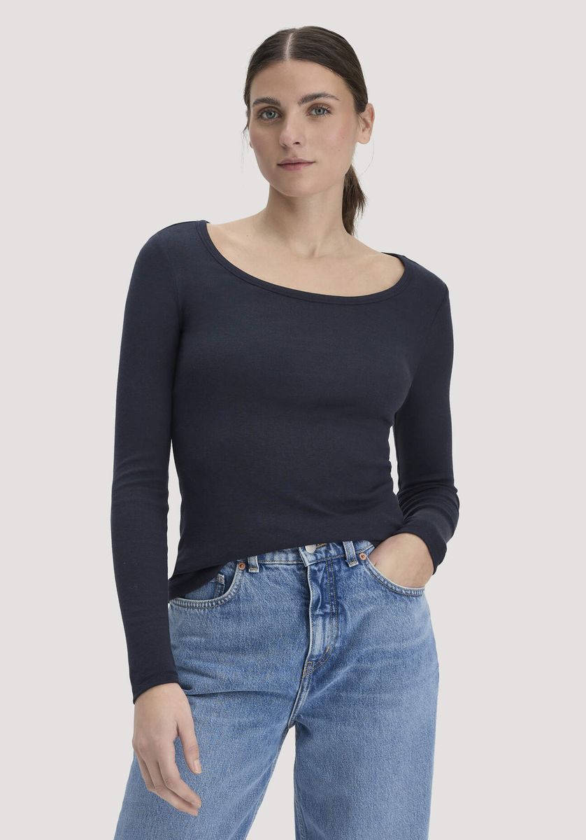 hessnatur Damen Softrib Longsleeve Fitted aus Bio-Baumwolle und TENCEL™ Modal - blau - Größe 34