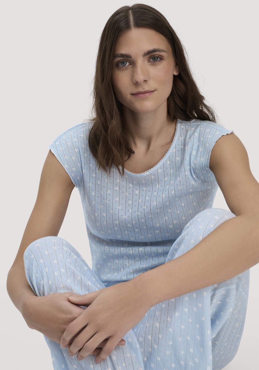 hessnatur Damen Pointelle Schlafshirt PURE COTTON aus Bio-Baumwolle - blau - Größe 34