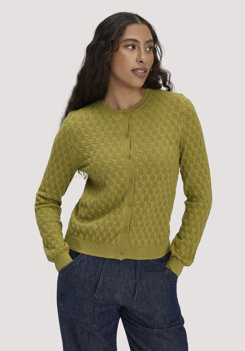 hessnatur Damen Strick Jacke Regular aus Bio-Baumwolle mit Merinowolle - grün - Größe L