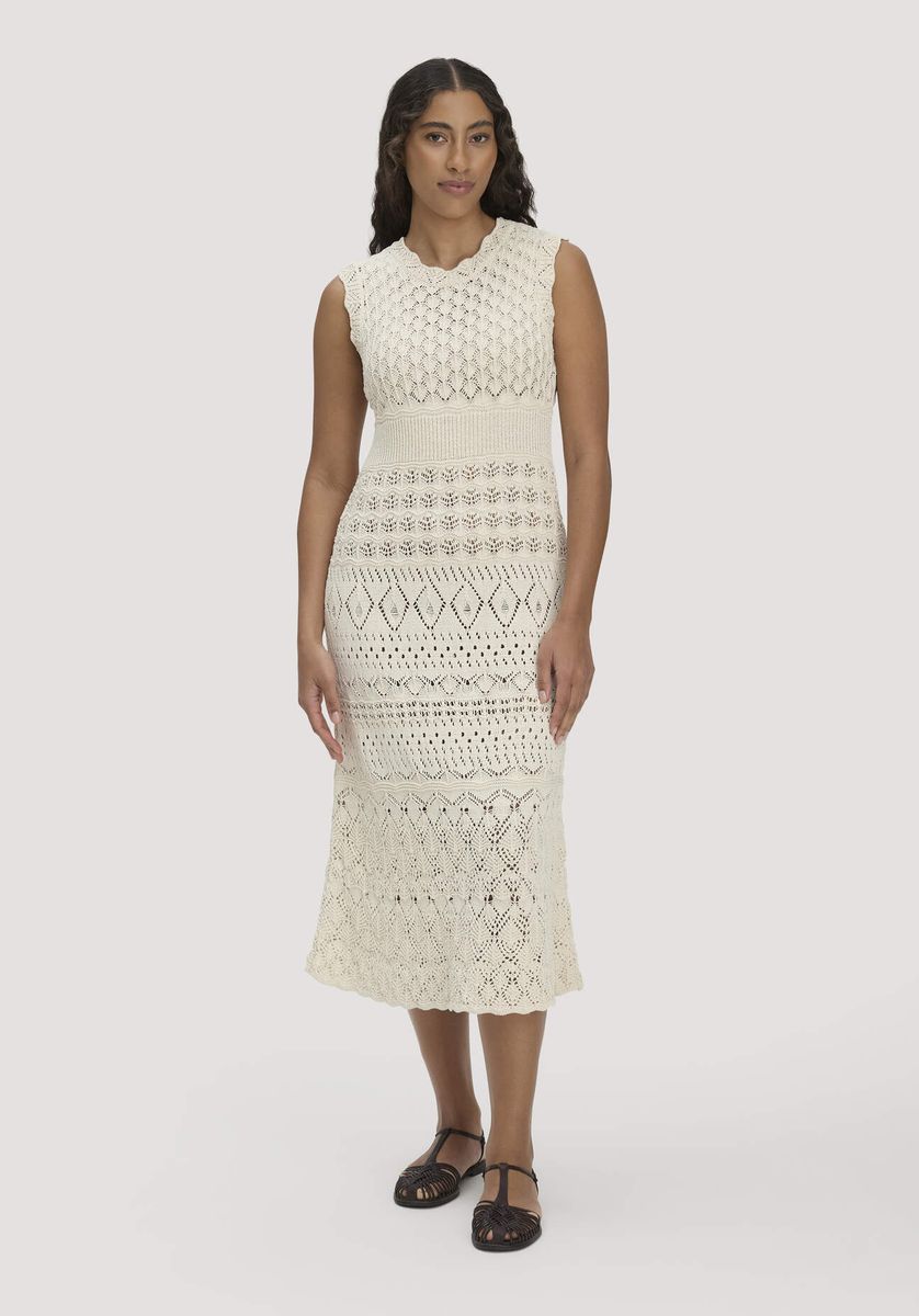 hessnatur Damen Strick Kleid Midi aus Bio-Baumwolle - beige - Größe L