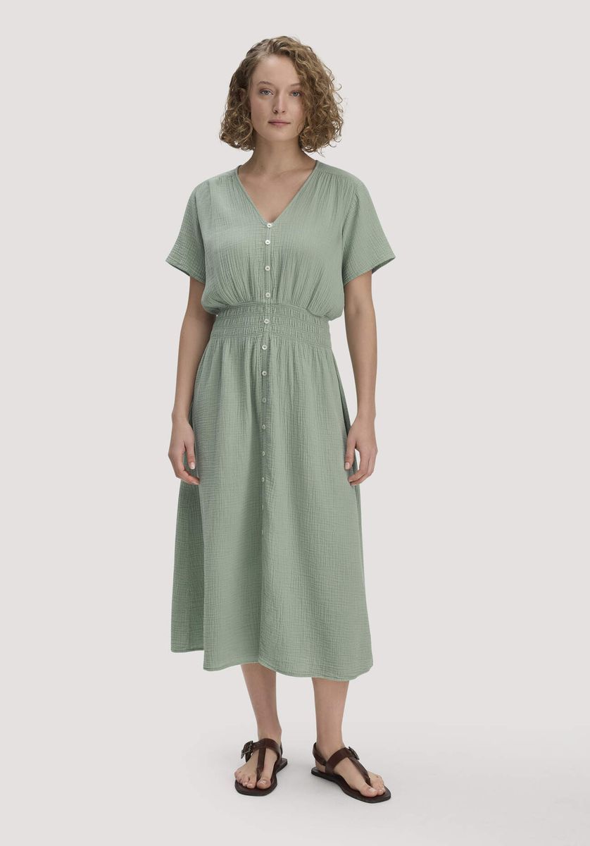 hessnatur Damen Gewebe Kleid mit Taillierung Midi aus Bio-Baumwolle - grün - Größe 34