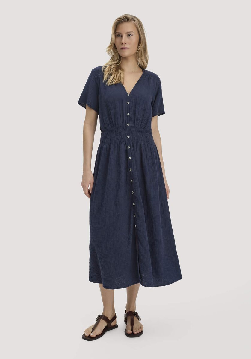 hessnatur Damen Gewebe Kleid mit Taillierung Midi aus Bio-Baumwolle - blau - Größe 34