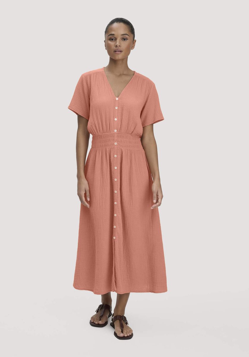 hessnatur Damen Musselin Kleid mit Taillierung Midi aus Bio-Baumwolle - orange - Größe 34