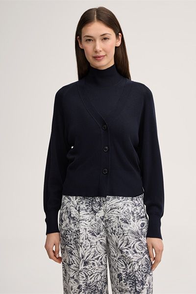 Cardigan Navy Woll-Seidenmischung Strickware V-Ausschnitt Knopfverschluss