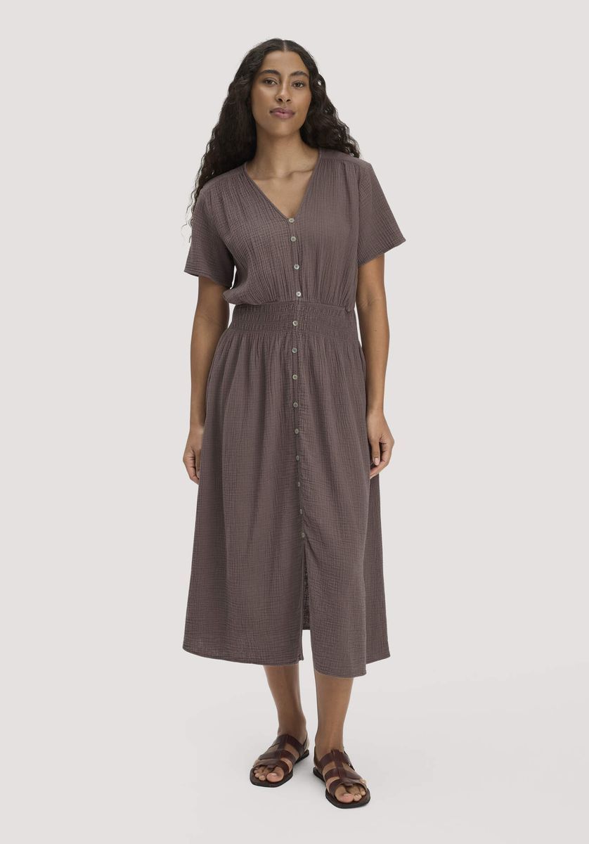 hessnatur Damen Gewebe Kleid mit Taillierung Midi aus Bio-Baumwolle - braun - Größe 34