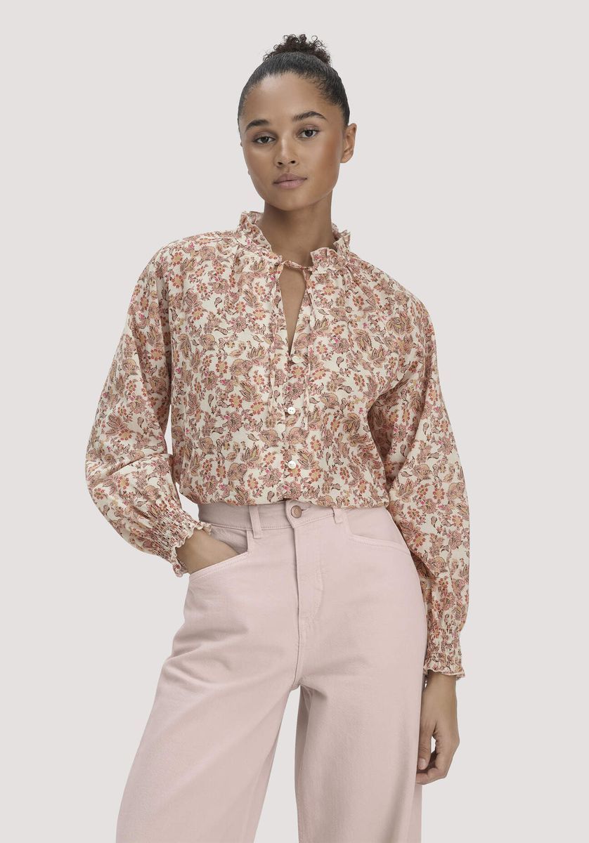 hessnatur Damen Print Bluse Relaxed aus Bio-Baumwolle - beige - Größe 34
