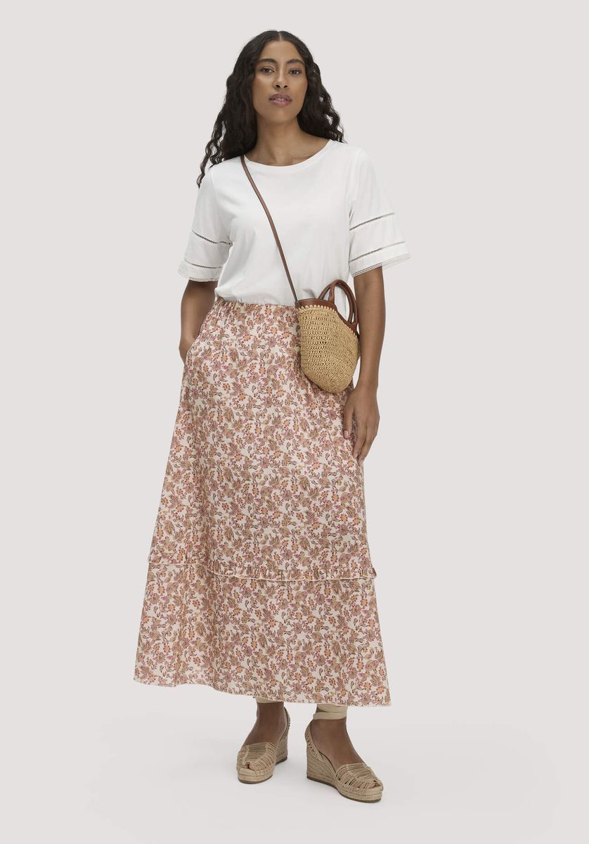 hessnatur Damen Gewebe Print Rock Maxi aus Bio-Baumwolle - beige - Größe 34