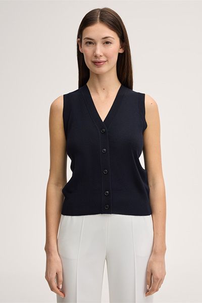 Marineblaues Cardigan-Top aus Woll-Seidenmischung mit V-Ausschnitt und Knöpfen