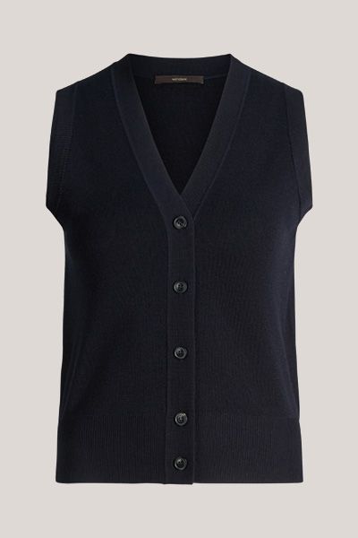 Marineblaues Cardigan-Top aus Woll-Seidenmischung mit V-Ausschnitt und Knöpfen