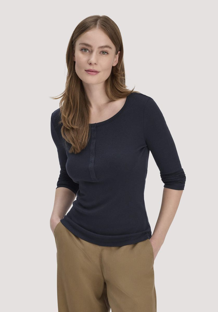 hessnatur Damen Softrib Longsleeve Henley Fitted aus Bio-Baumwolle und Tencel™ Modal - blau - Größe 34