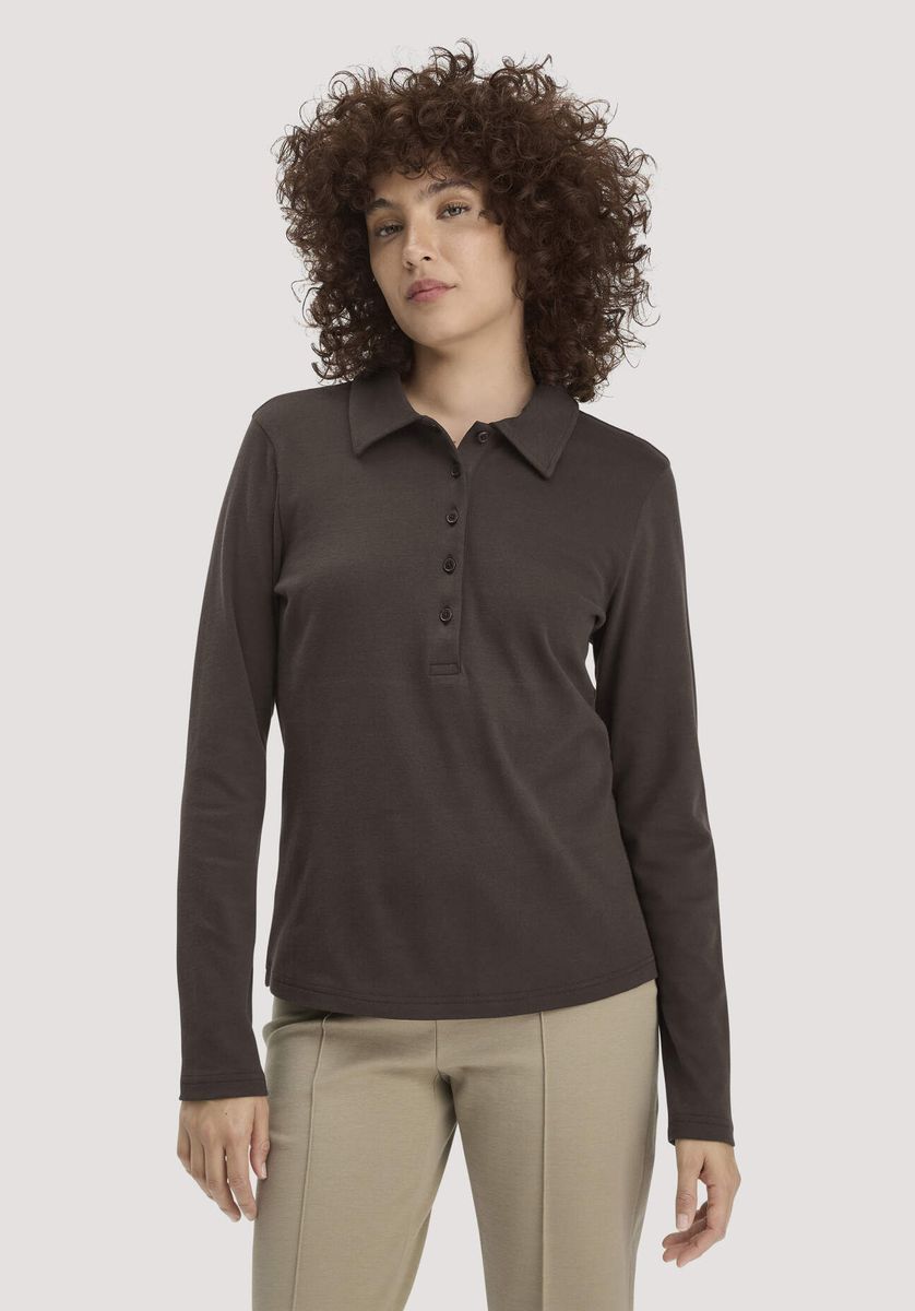 hessnatur Damen Longsleeve Polo Slim aus Bio-Baumwolle - braun - Größe 34