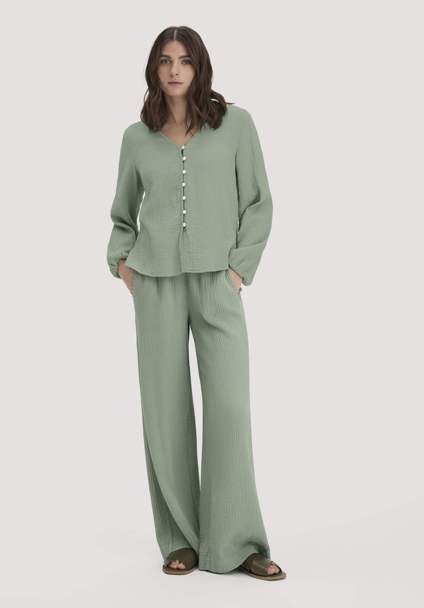 hessnatur Damen Musselin Hose Wide Leg aus Bio-Baumwolle - grün - Größe 34