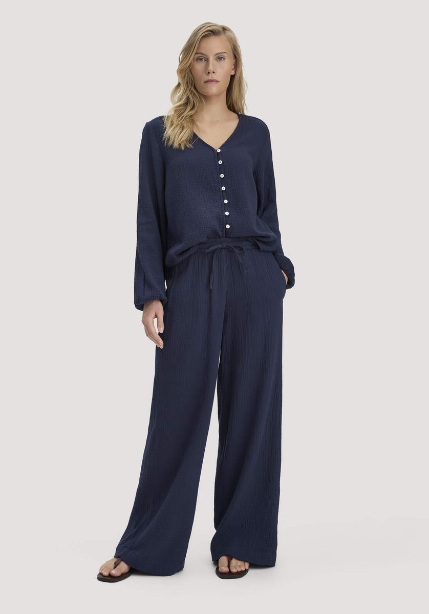 hessnatur Damen Musselin Hose Wide Leg aus Bio-Baumwolle - blau - Größe 34
