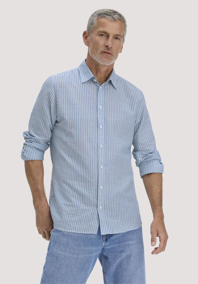 hessnatur Herren Streifen Hemd Regular aus Bio-Baumwolle mit Leinen - kornblume gestreift - Größe L41/42
