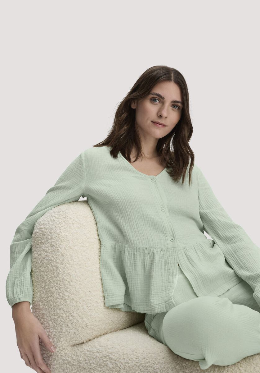 hessnatur Damen Musselin Pyjamabluse PURE COMFORT aus Bio-Baumwolle - grün - Größe 34