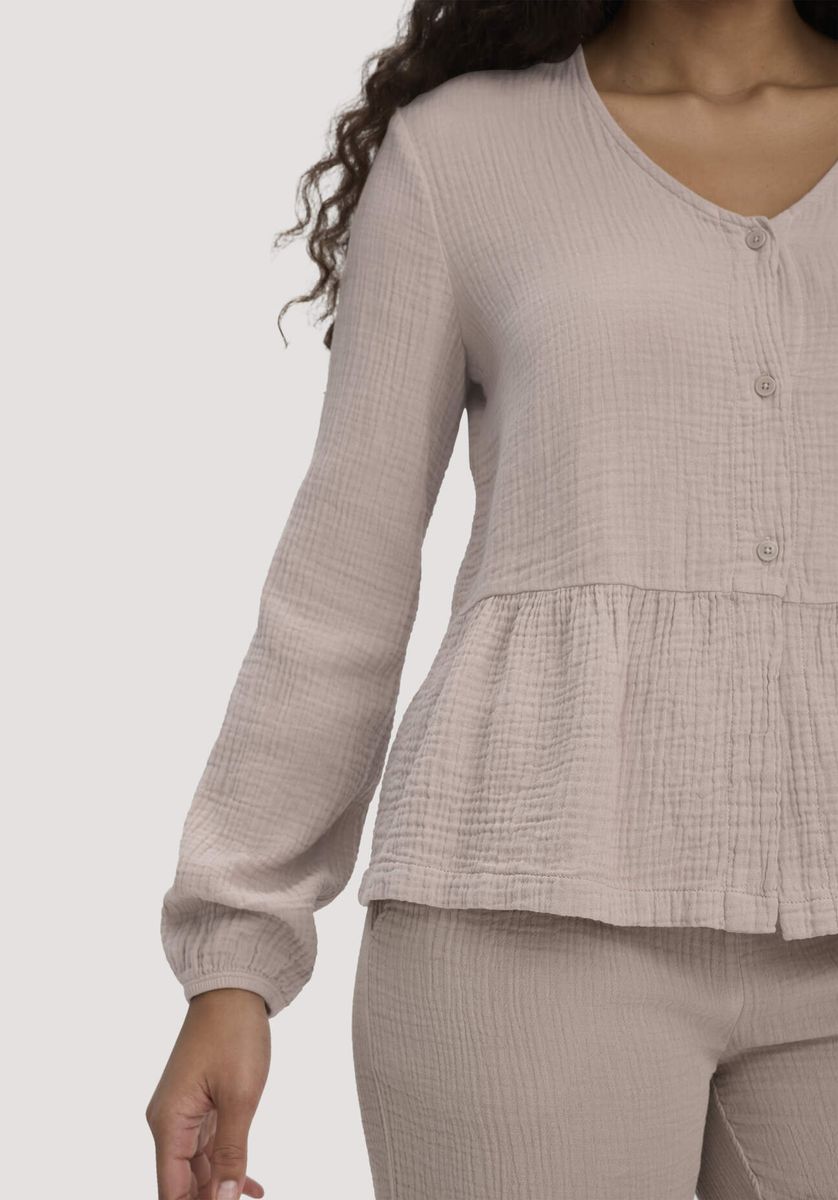 hessnatur Damen Musselin Pyjamabluse PURE COMFORT aus Bio-Baumwolle - beige - Größe 34