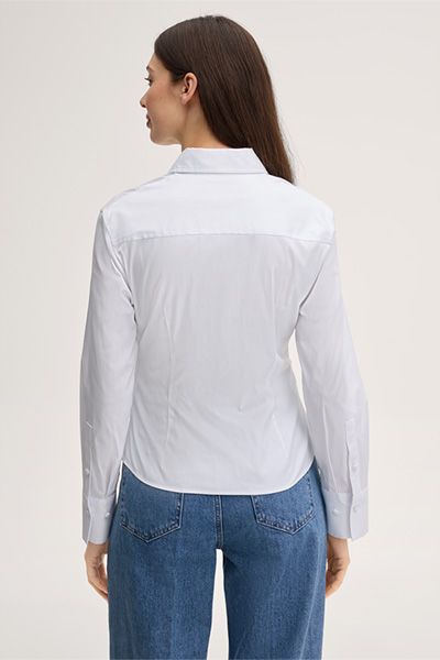 Weisse taillierte Baumwollstretch-Bluse mit geknöpften Manschetten