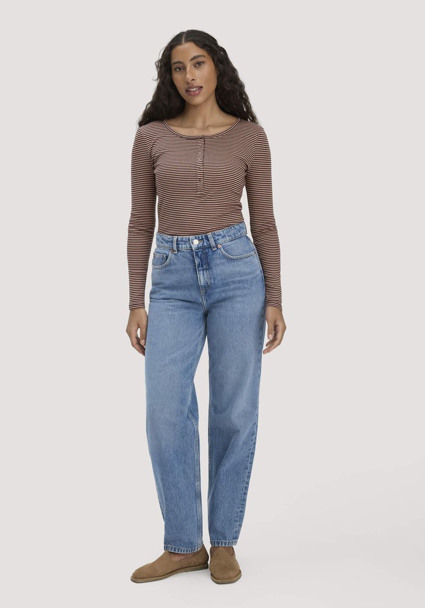 hessnatur Damen Softrib Longsleeve Streifen Henley Fitted aus Bio-Baumwolle und TENCEL™ Modal - rosa - Größe 34