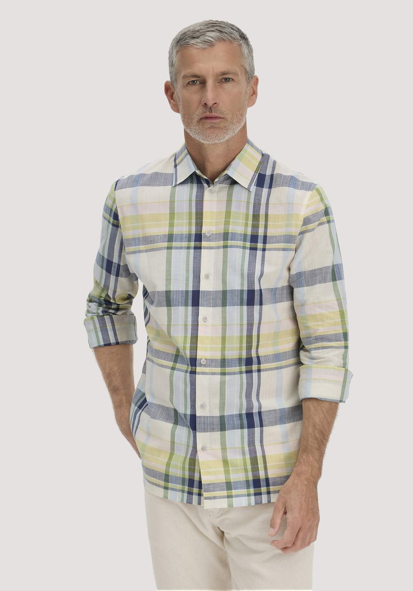 hessnatur Herren Karo Hemd Regular aus Bio-Baumwolle mit Leinen - blau - Größe L (41/42)