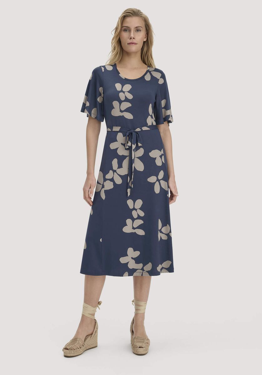 hessnatur Damen Print Jersey Kleid kniebedeckend Slim aus TENCEL™ Lyocell - blau - Größe 34