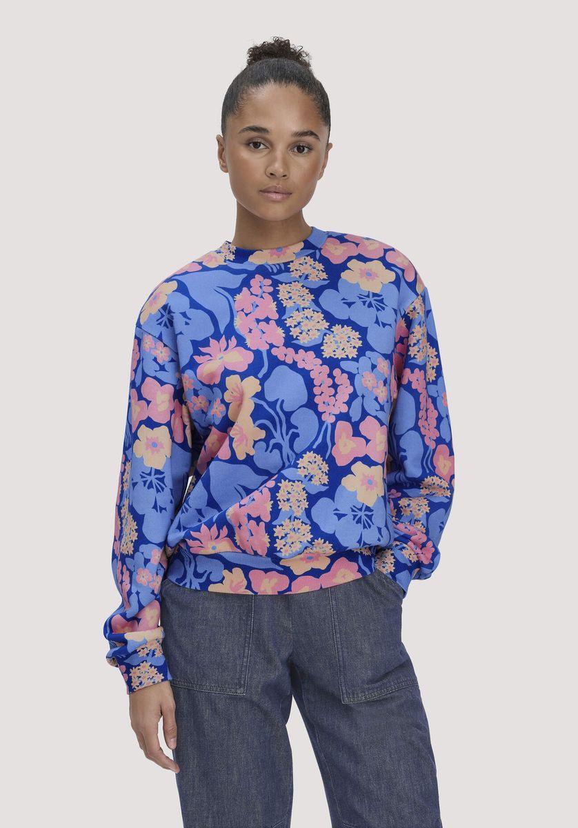 hessnatur Damen Print Sweatshirt Oversize LIV LEE aus Bio-Baumwolle - blau - Größe L