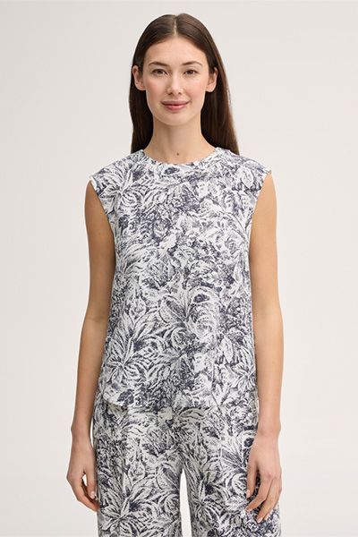 Lyocell-Print-Blusentop in Navy Ecru Ärmellos Jacquardmuster