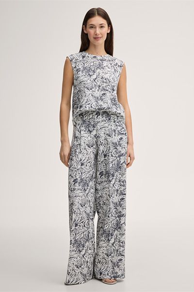Lyocell-Print-Blusentop in Navy Ecru Ärmellos Jacquardmuster