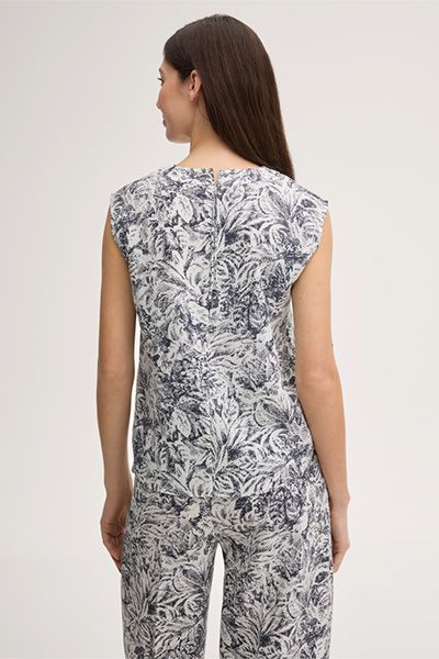 Lyocell-Print-Blusentop in Navy Ecru Ärmellos Jacquardmuster
