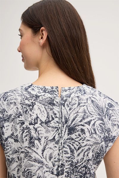 Lyocell-Print-Blusentop in Navy Ecru Ärmellos Jacquardmuster