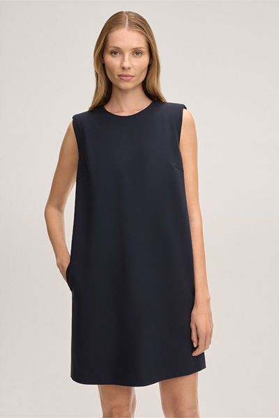 Ärmelloses marineblaues Etuikleid mit Rundhalsausschnitt und Seitentaschen